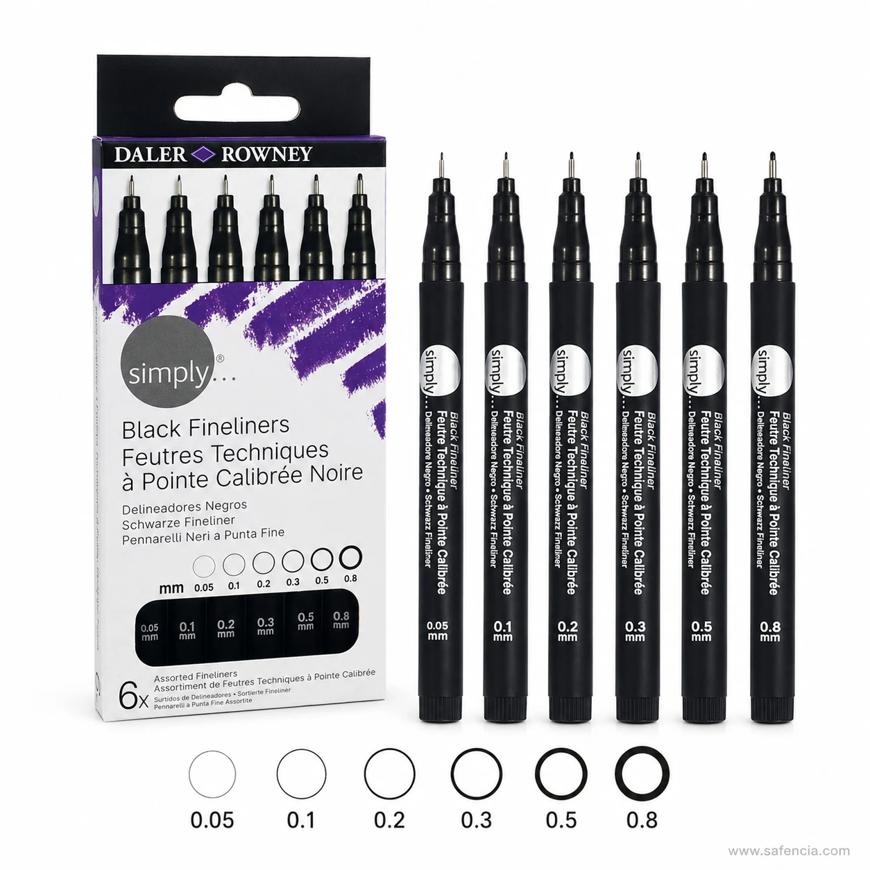 Angled view of the black fineliner set box and pens