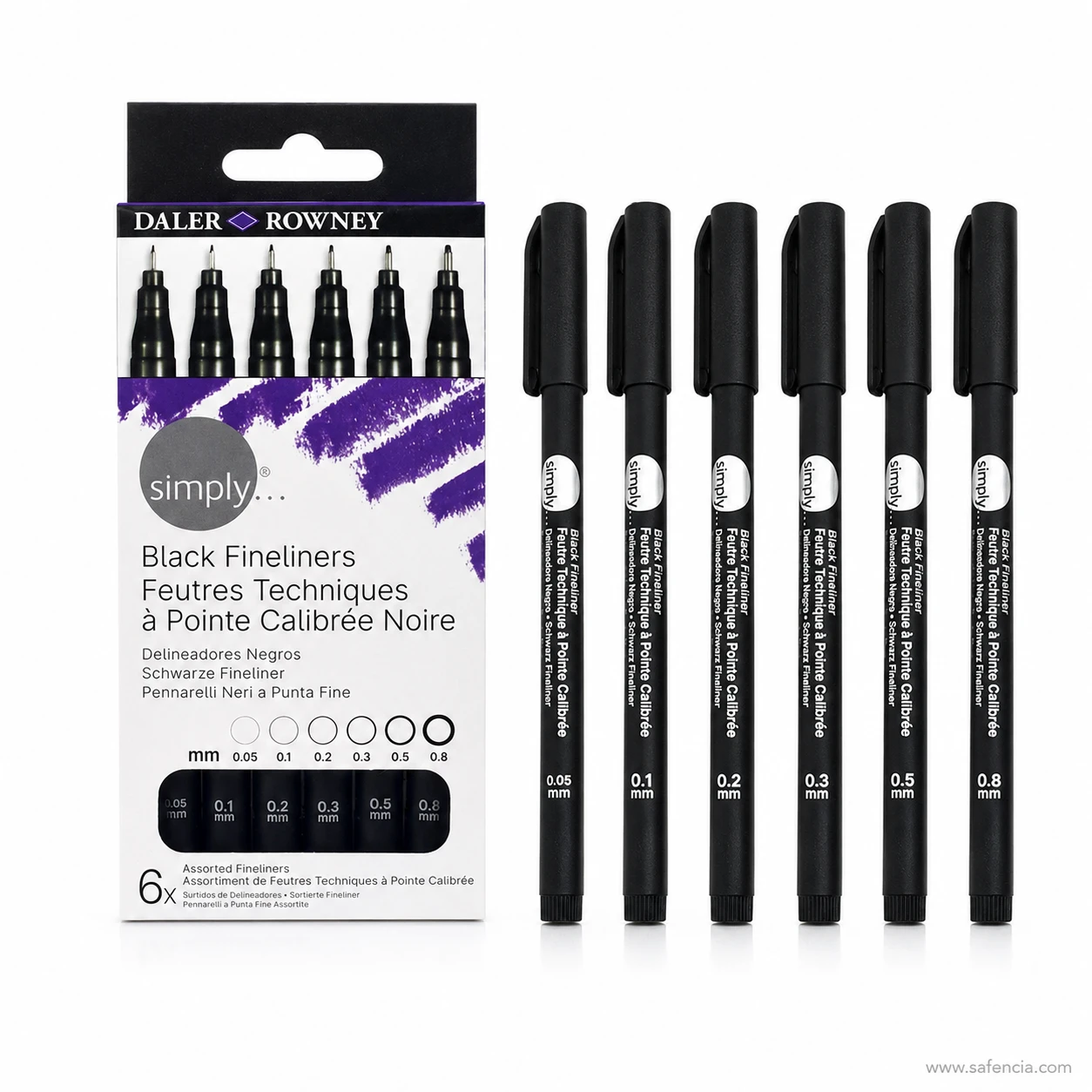 Six black fineliner pens showing the nib width printed on each barrel