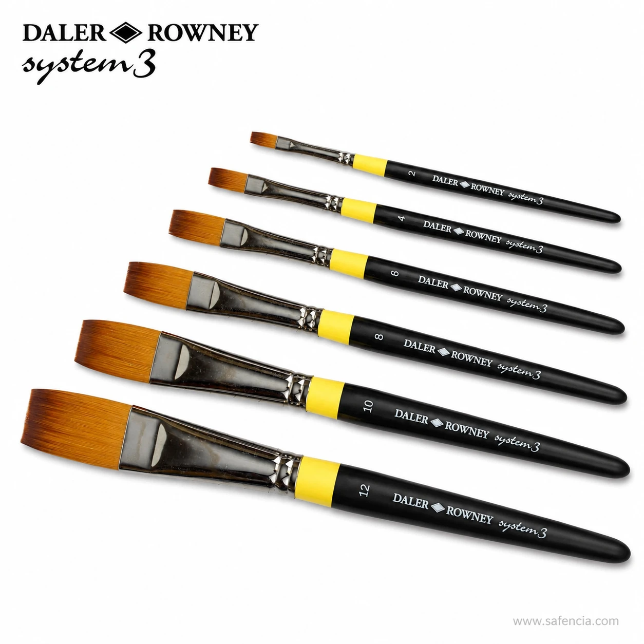 Close view of System 3 flat brush ferrules, yellow bands and handle printing