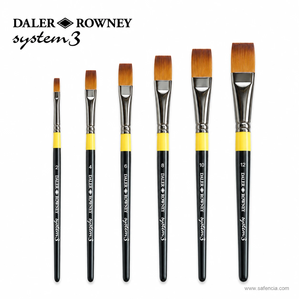 System 3 long handle flat brushes standing upright in ascending size