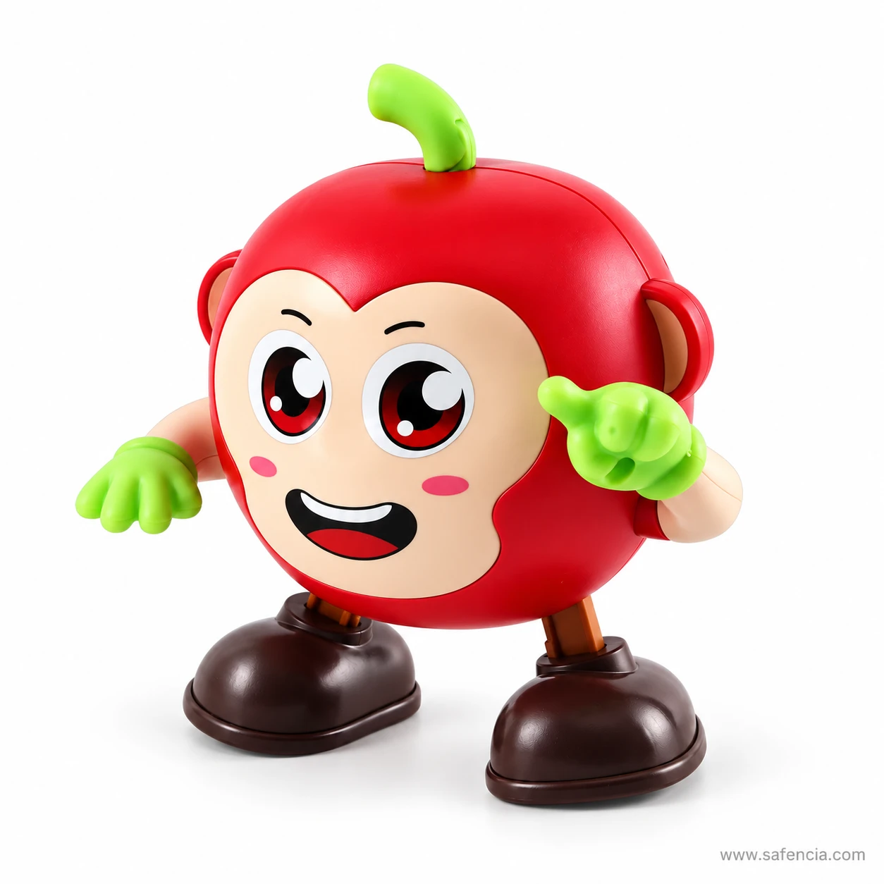 Angled view of the dancing apple monkey toy grinning with green hands outstretched