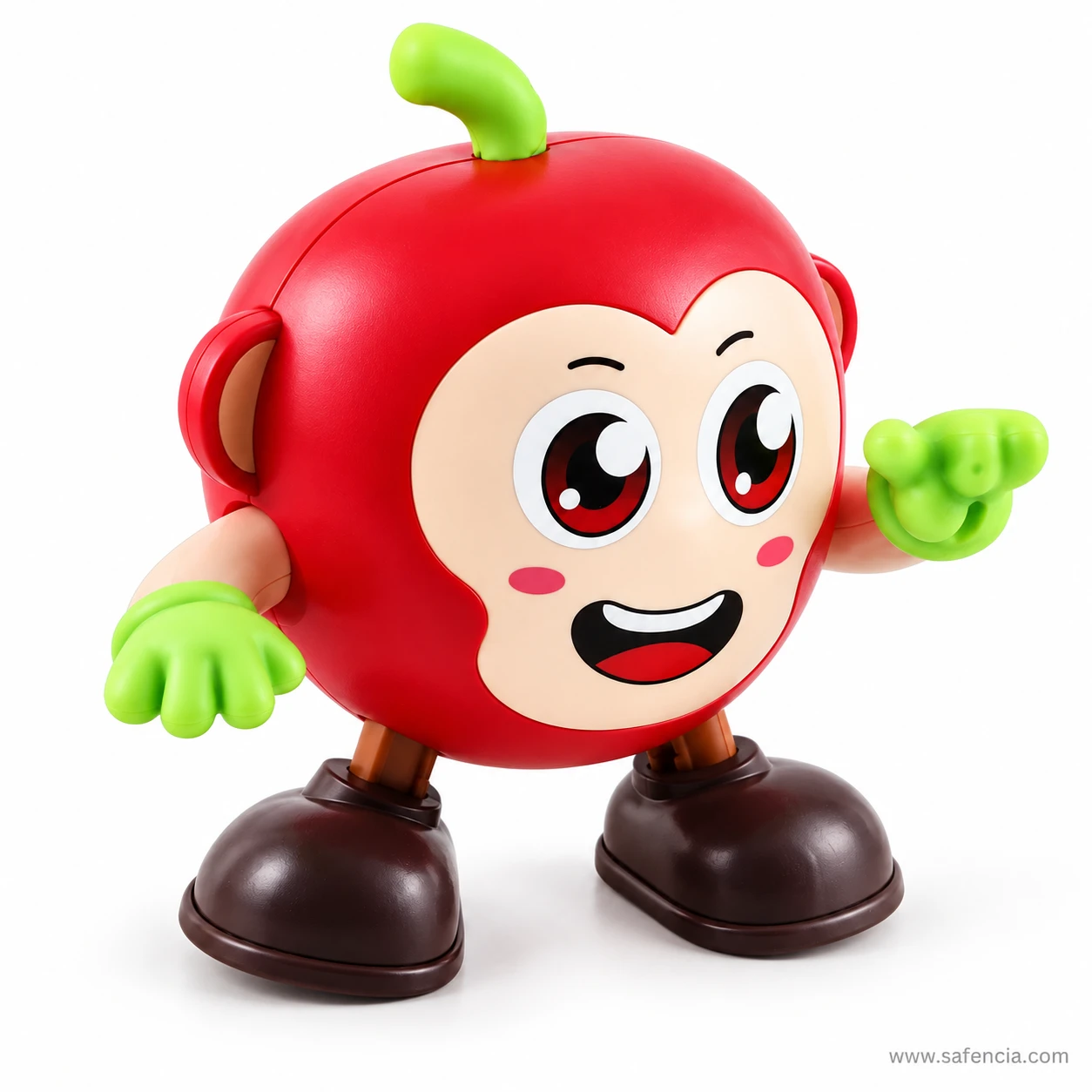 Side angle of the dancing apple monkey toy showing its round red body and ear