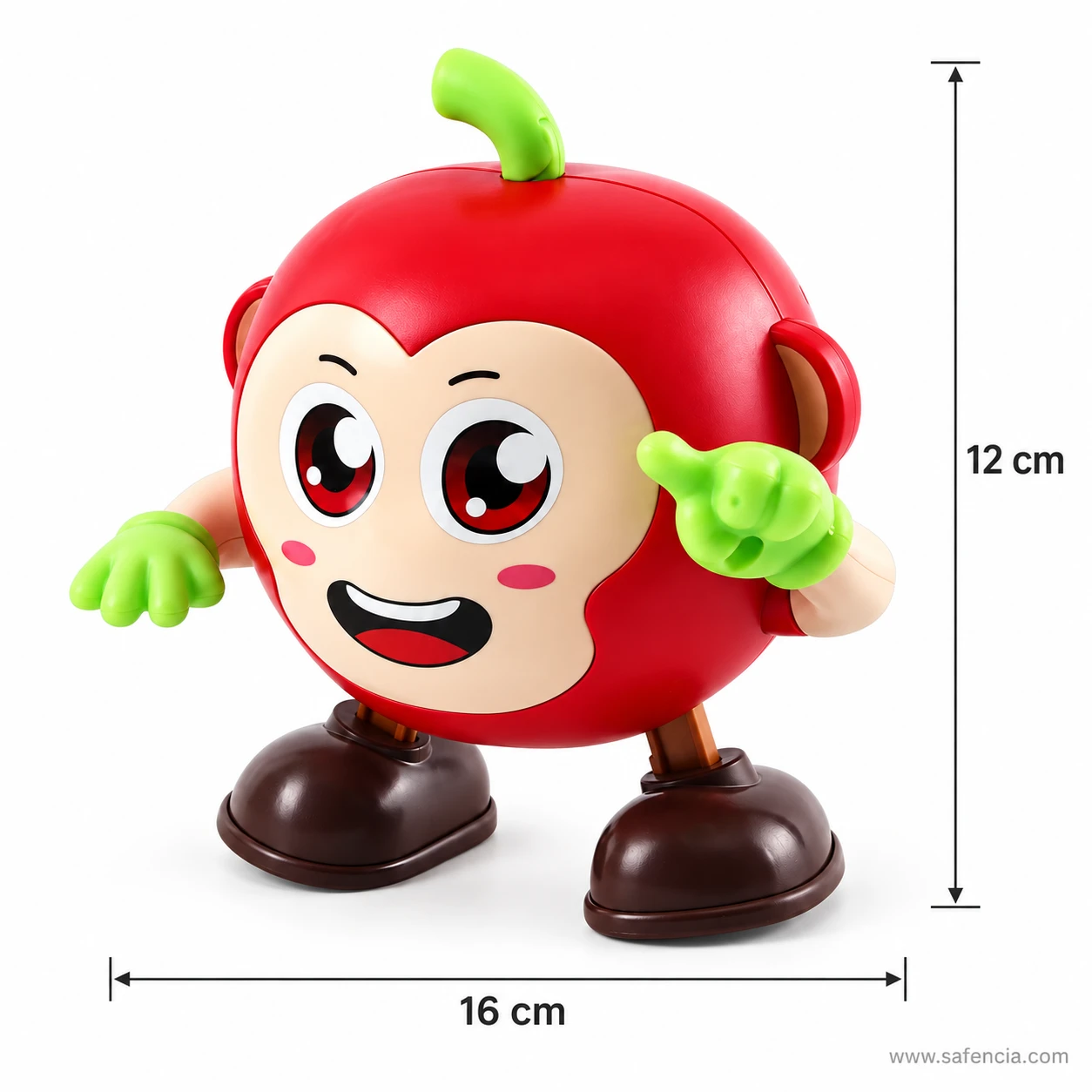 Dancing apple monkey toy size guide showing about 16 cm wide and 12 cm tall
