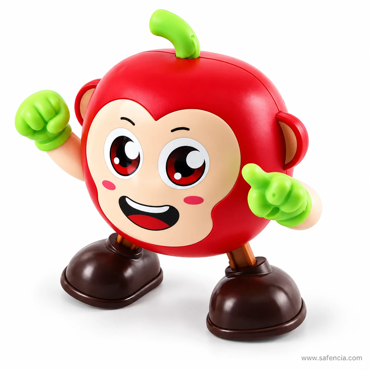 Dancing apple monkey toy with one green fist raised and the other hand pointing