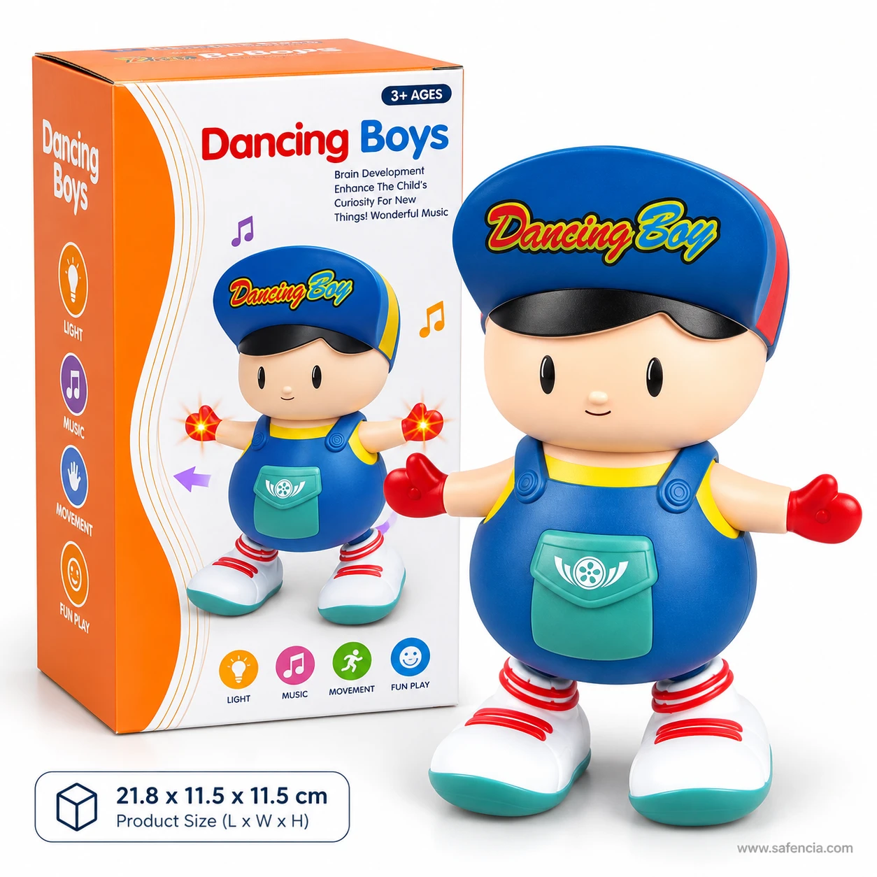Dancing Boy musical toy beside its box with product size 21.8 x 11.5 x 11.5 cm