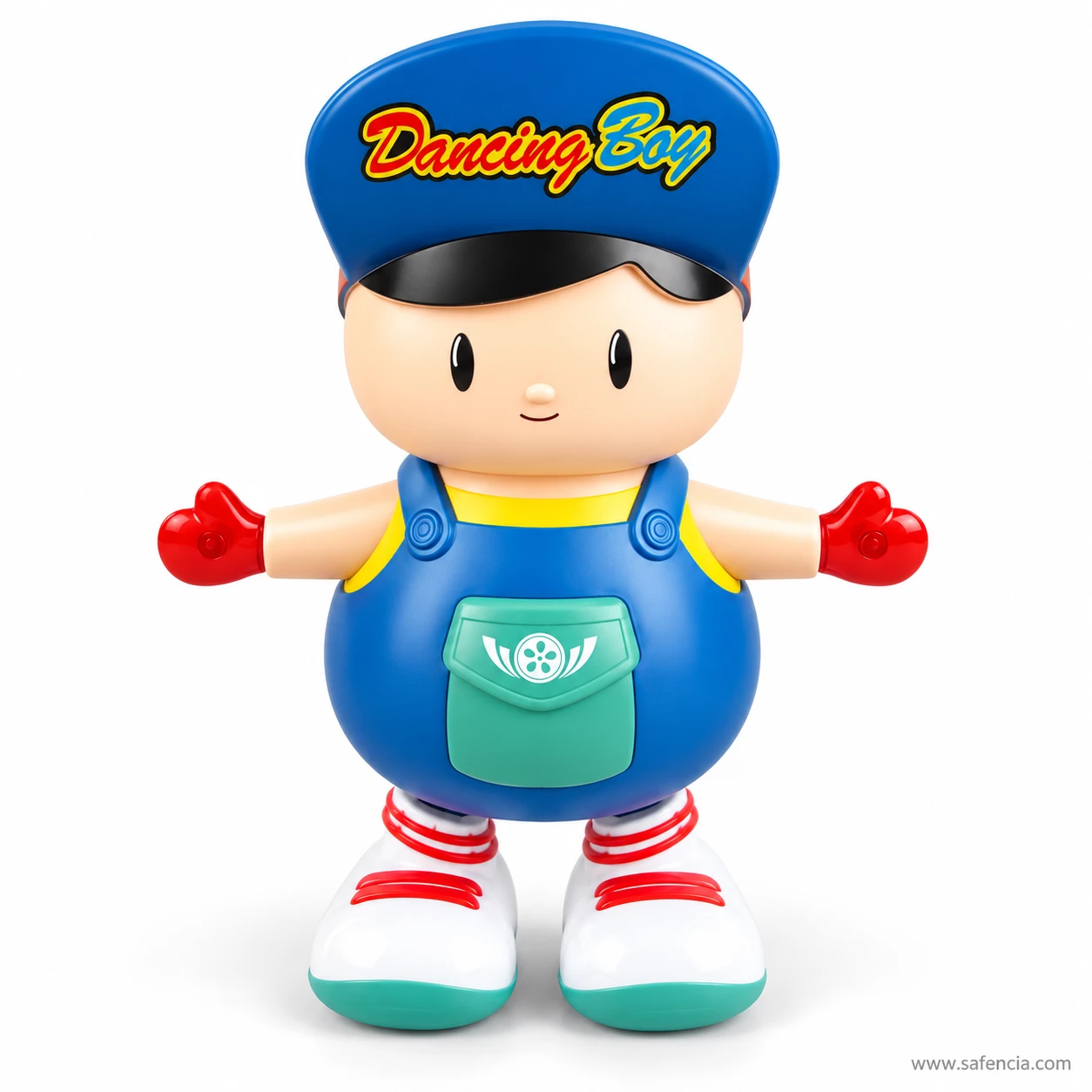 Front view of the Dancing Boy musical toy in blue cap, dungarees, red gloves and white trainers