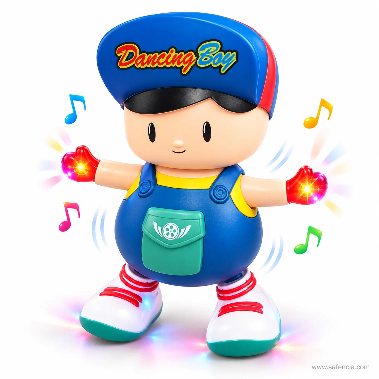 Dancing Boy musical toy with glowing gloves, music notes and lights at his feet