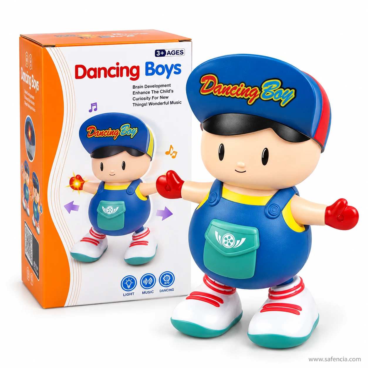 Dancing Boy musical toy standing in front of its orange and white Dancing Boys box