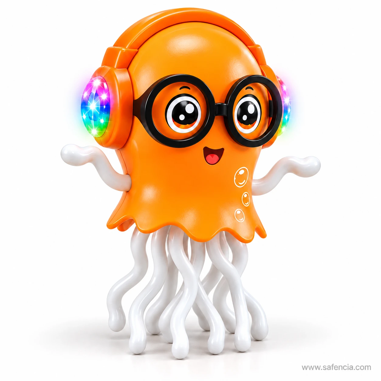 Front view of the jellyfish toy showing its printed smile, bubbles and two short white arms