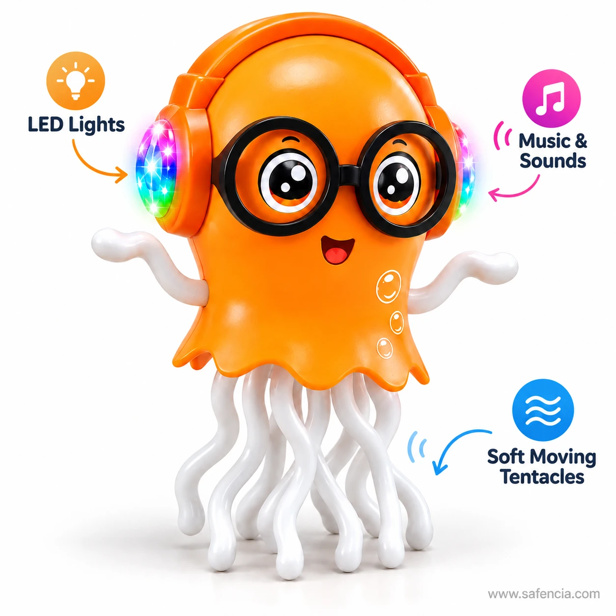 Feature sheet for the jellyfish toy marking LED lights, music and sounds and soft moving tentacles