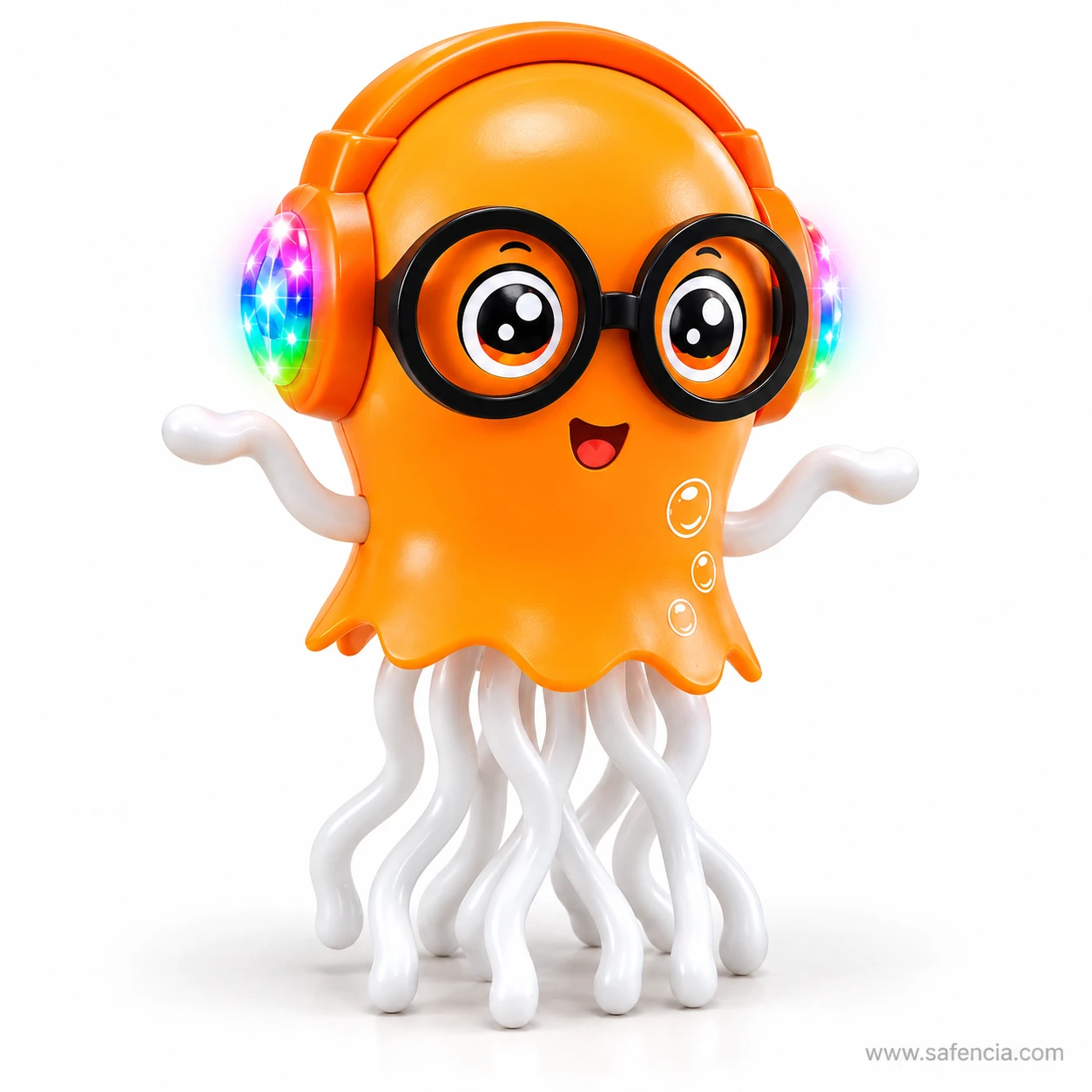 The jellyfish toy with the coloured LED rings in its headphones lit up in a dim setting