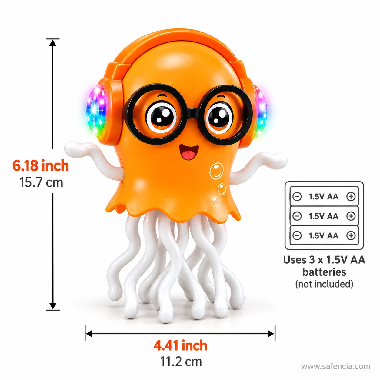 Specification sheet for the jellyfish toy showing 15.7 cm height, 11.2 cm width and 3 AA cells