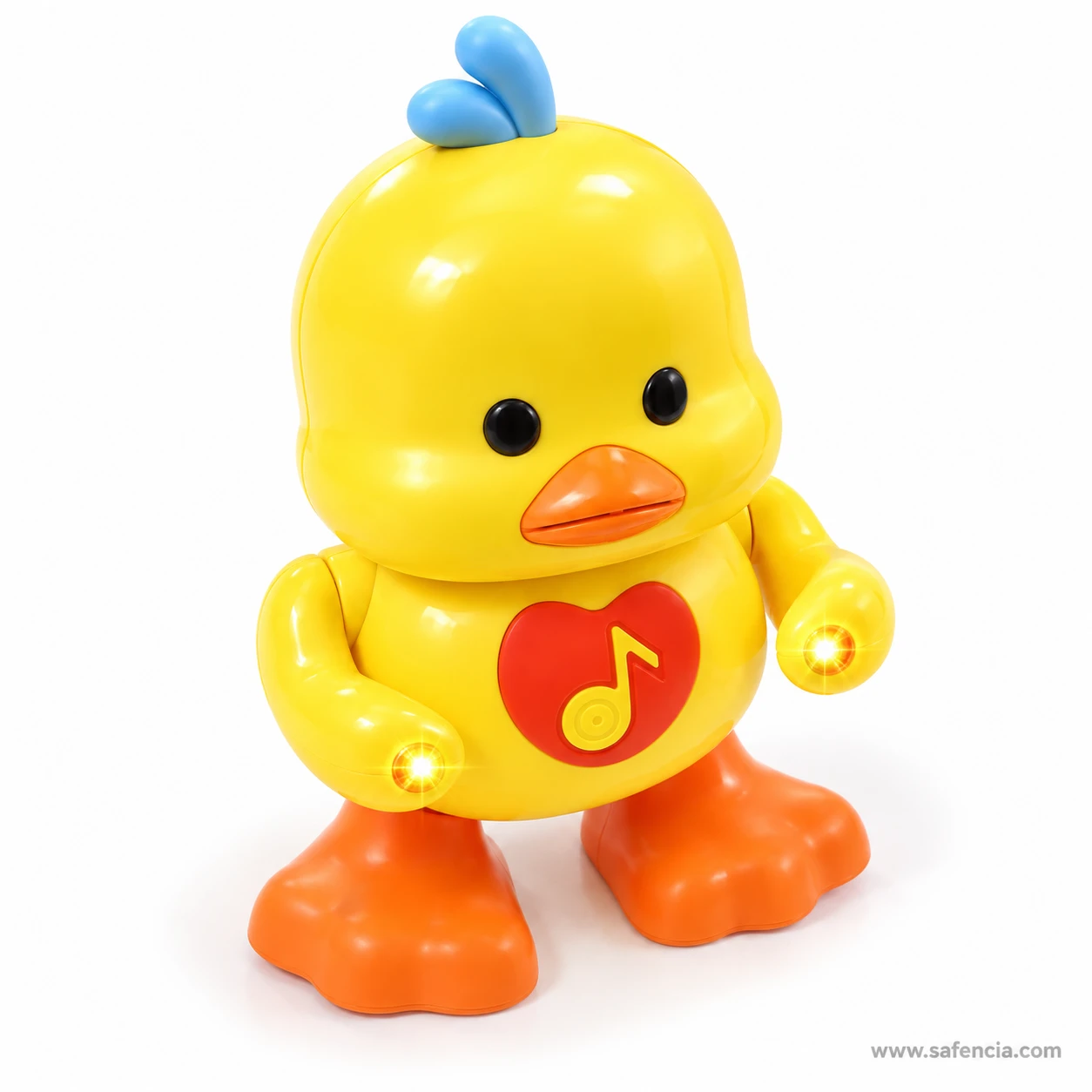 Dancing musical duck toy mid-step with arms swinging and hands glowing