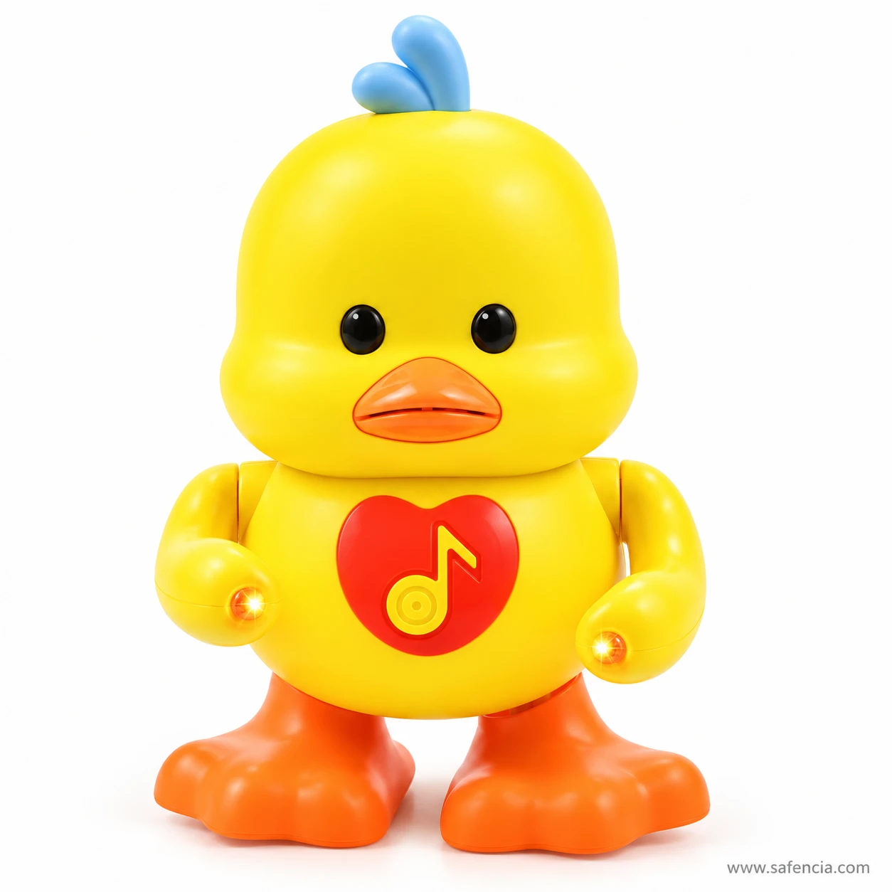 Front view of the dancing musical duck toy standing on big orange webbed feet