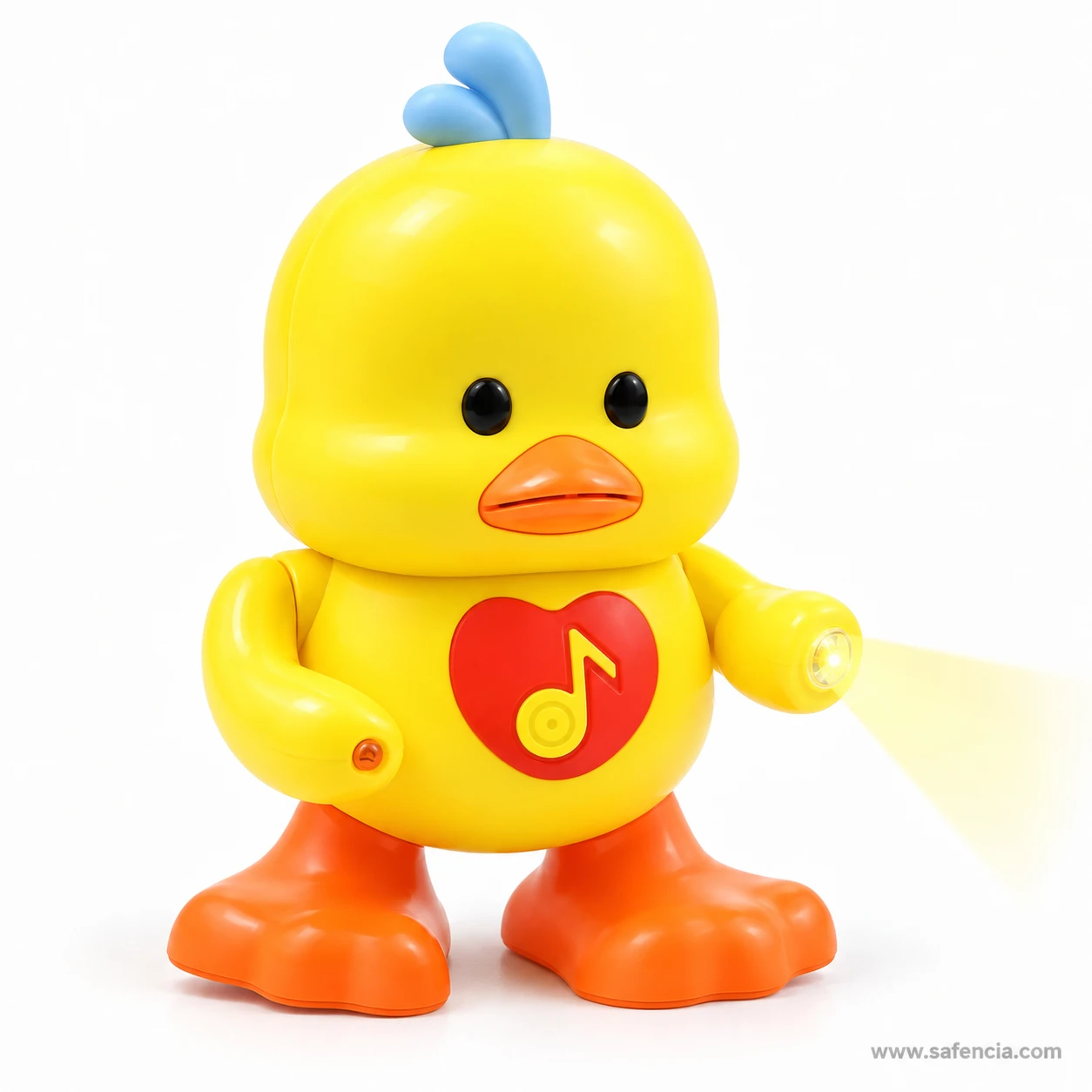 Dancing musical duck toy with a beam of light shining from its raised hand