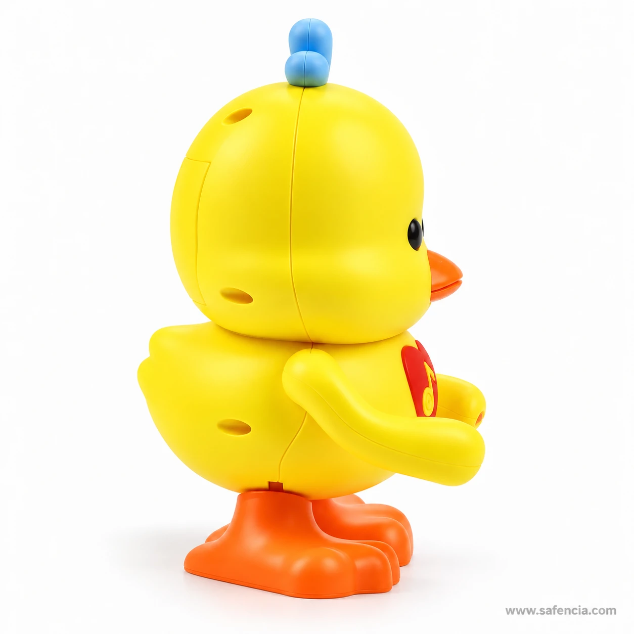Side view of the yellow dancing musical duck toy showing speaker holes and arm