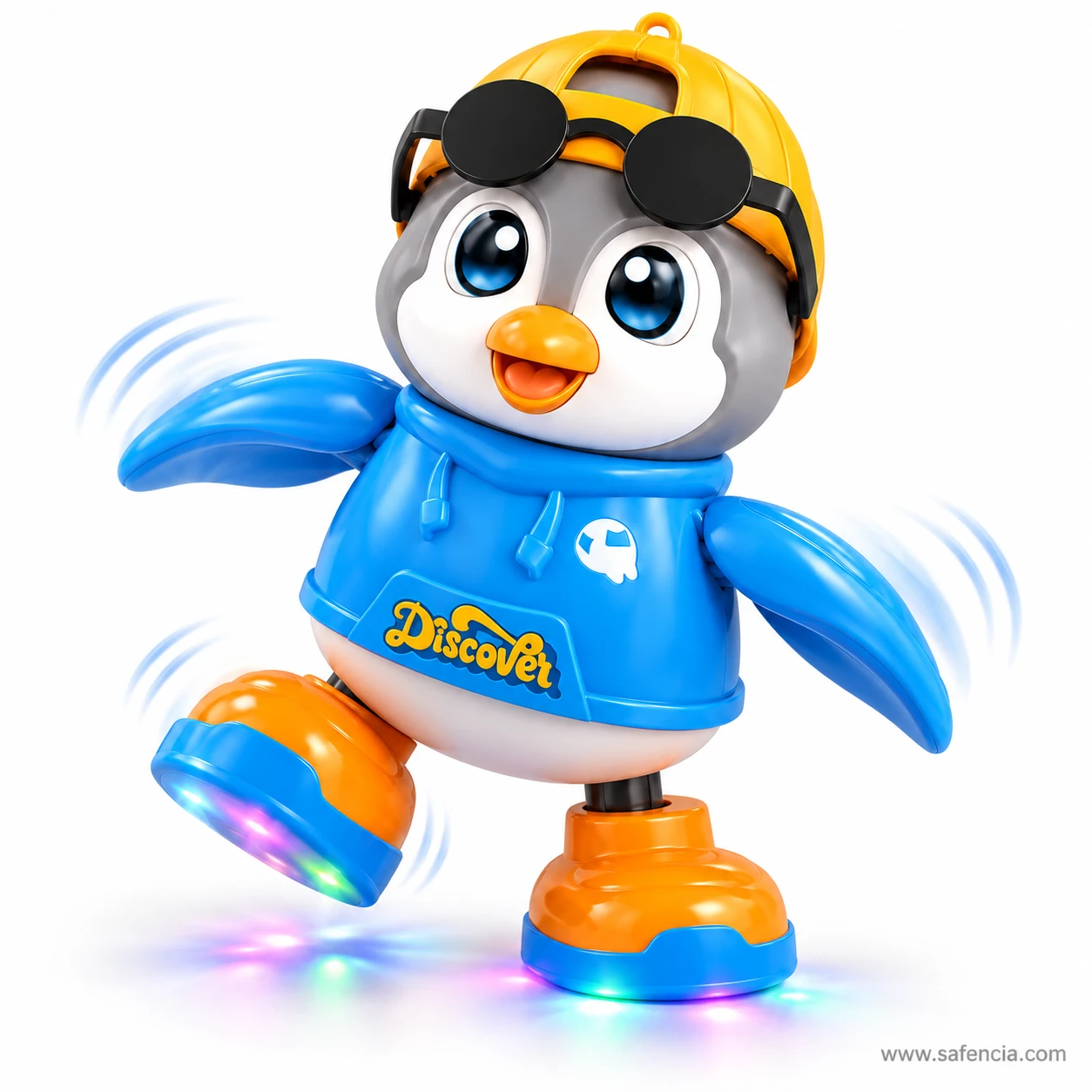 Dancing penguin toy flapping its blue flippers mid-dance with one foot raised