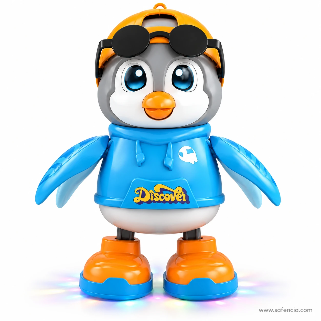 Front view of the dancing penguin toy with sunglasses on its cap and orange sneakers