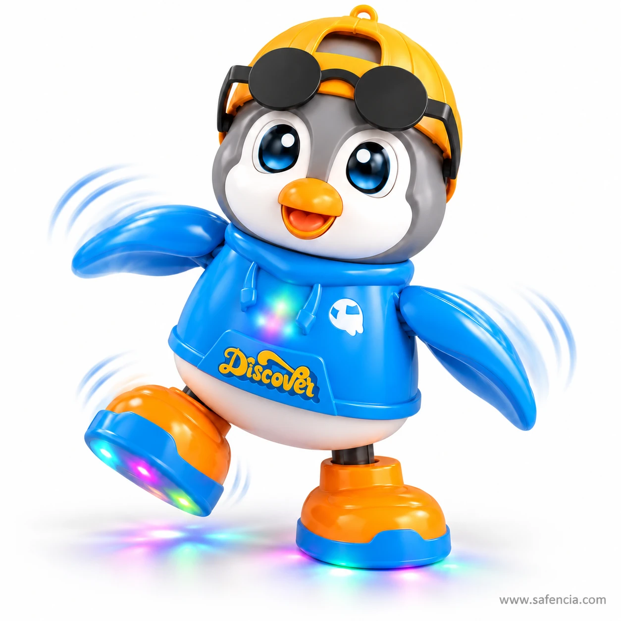 Dancing penguin toy side kick with glowing sole and light in its hoodie