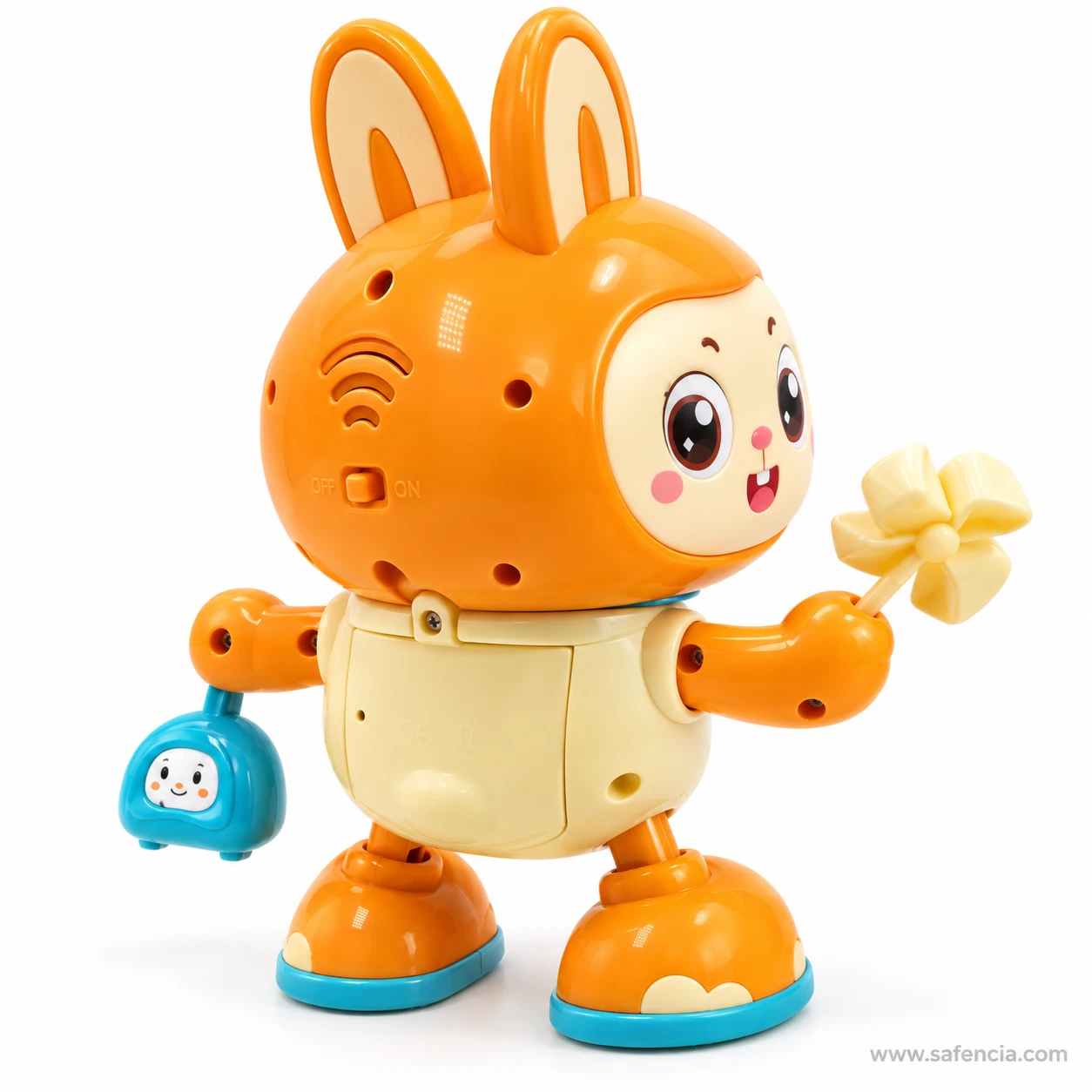 Back view of the dancing rabbit toy showing the speaker holes and battery compartment