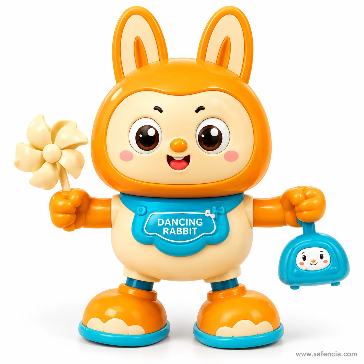 Front view of the dancing rabbit toy with tall orange ears, pinwheel and smiling blue bag