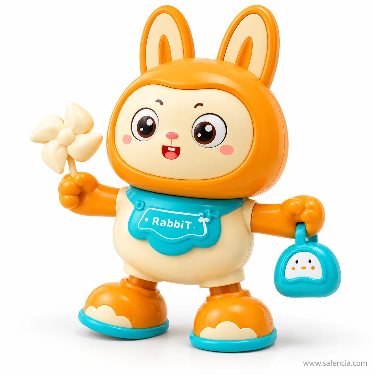 Dancing rabbit musical toy standing with arms out, holding a cream pinwheel and a blue bag