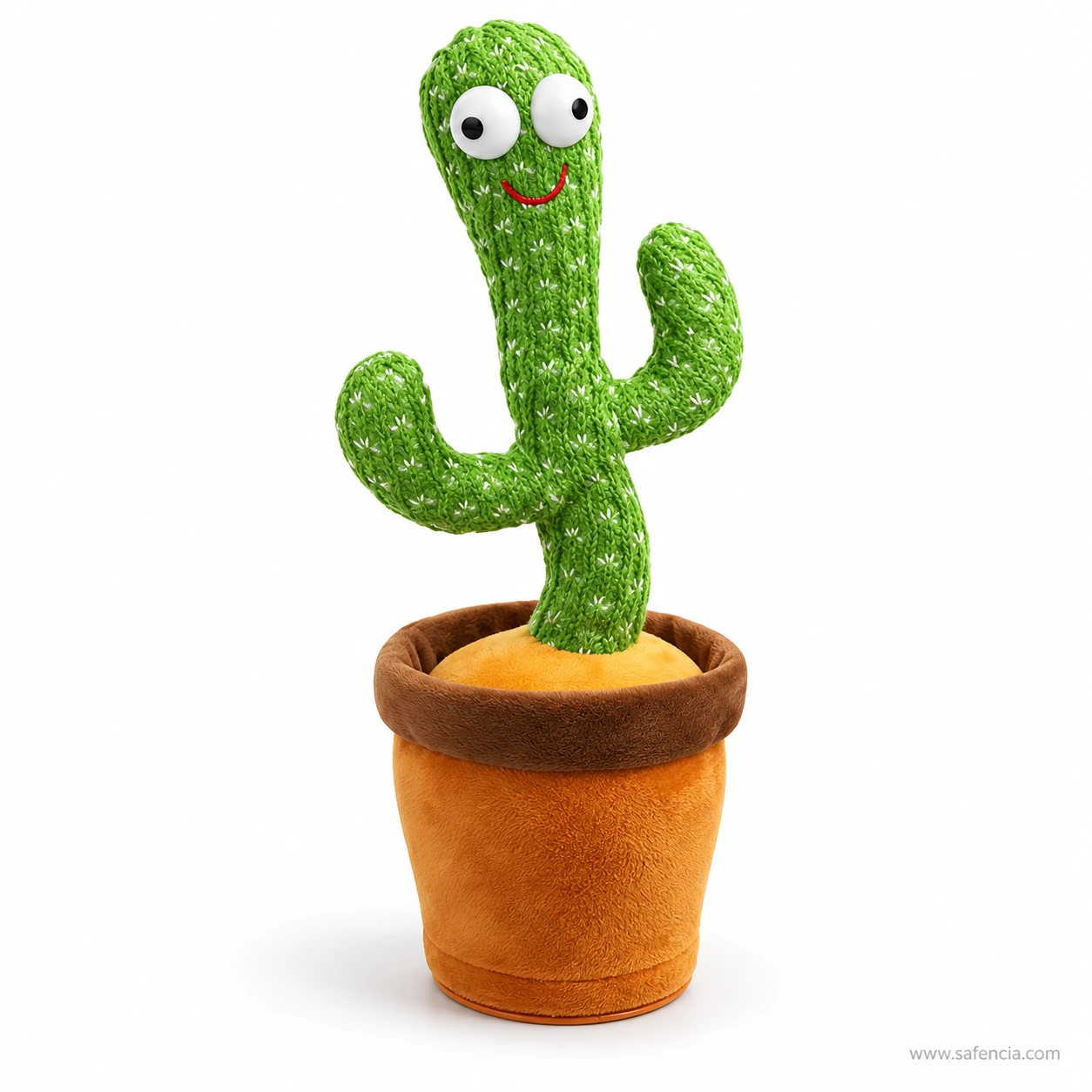 Dancing talking cactus toy leaning mid-dance with its arms raised above the plush flower pot