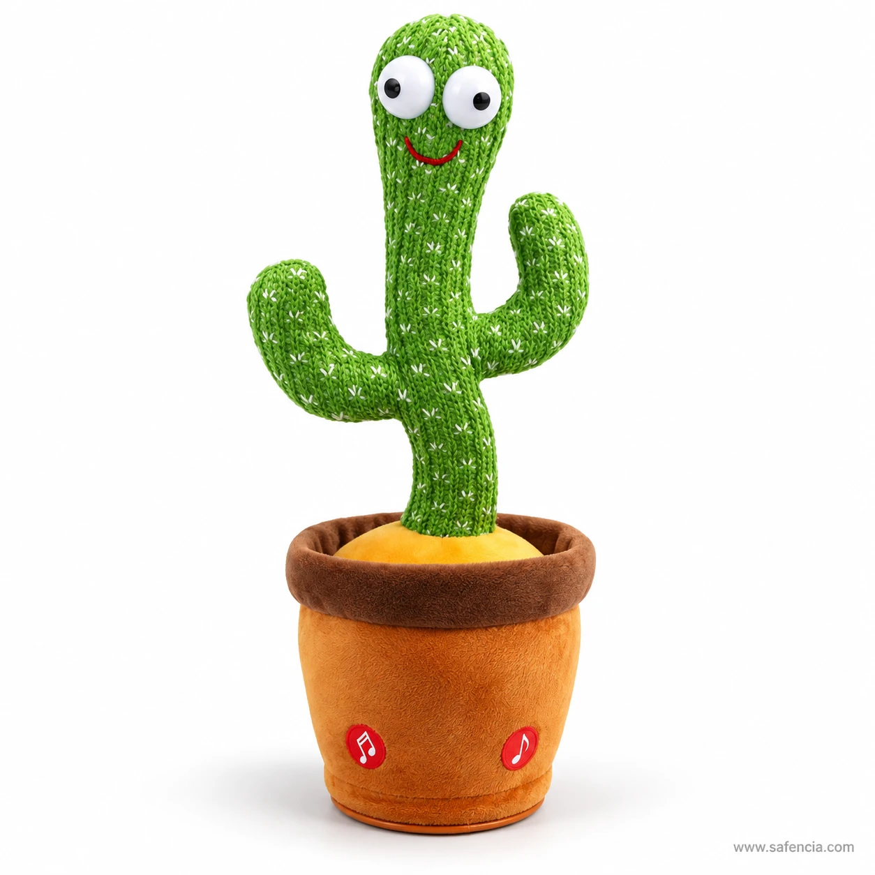 Front view of the dancing talking cactus toy showing its smiling face and the two music buttons on the pot