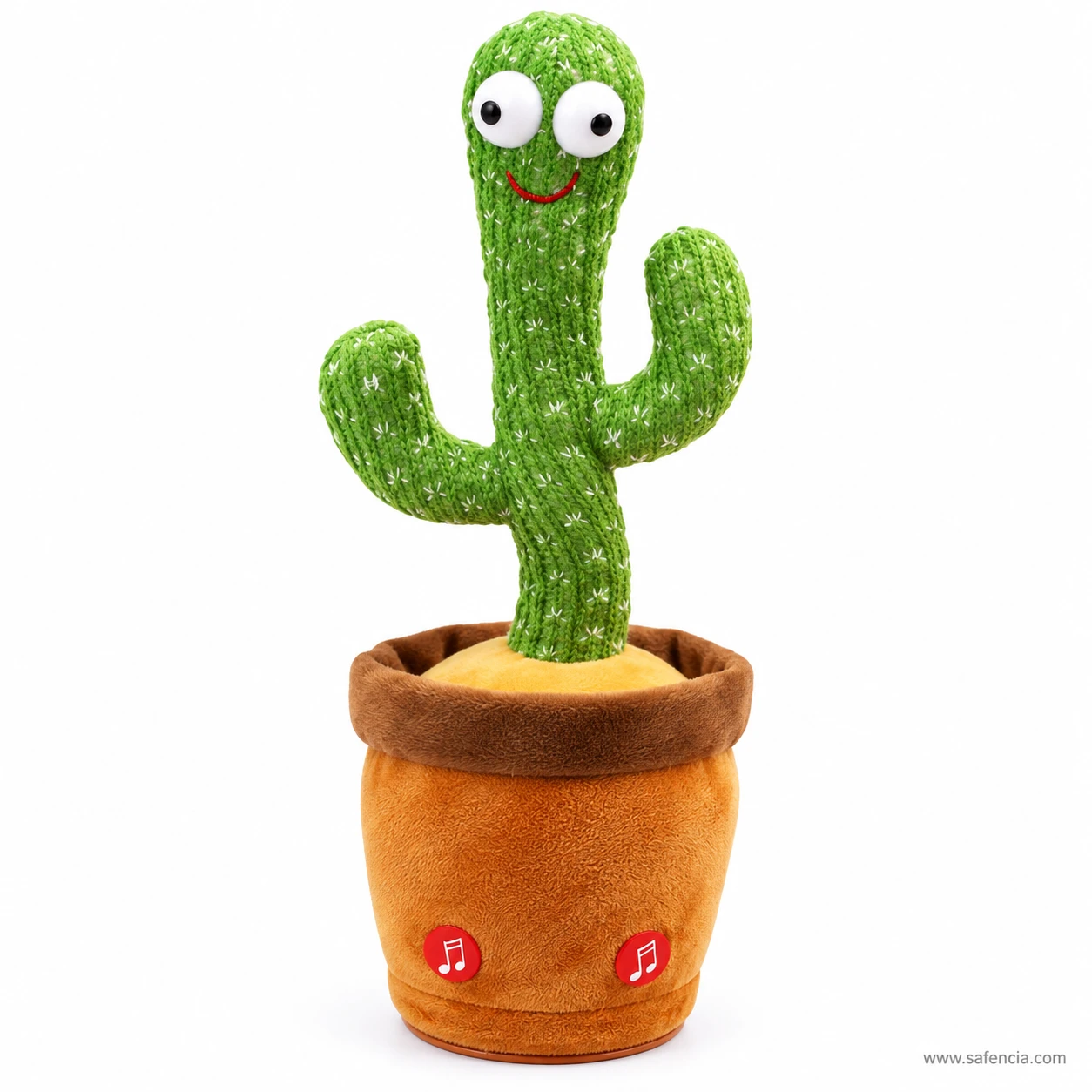 Dancing talking cactus toy showing its knitted plush stem, white spines and soft brown pot