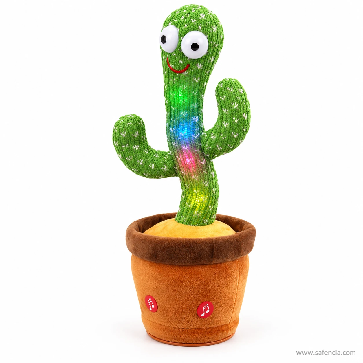 Dancing talking cactus toy with rainbow lights glowing through its green knitted stem