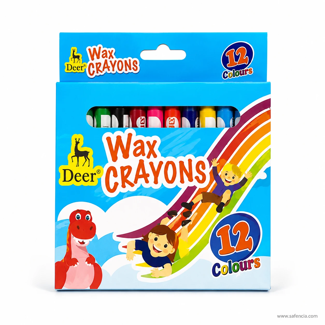 Angled view of the Deer Wax Crayons box showing its punched hanging tab