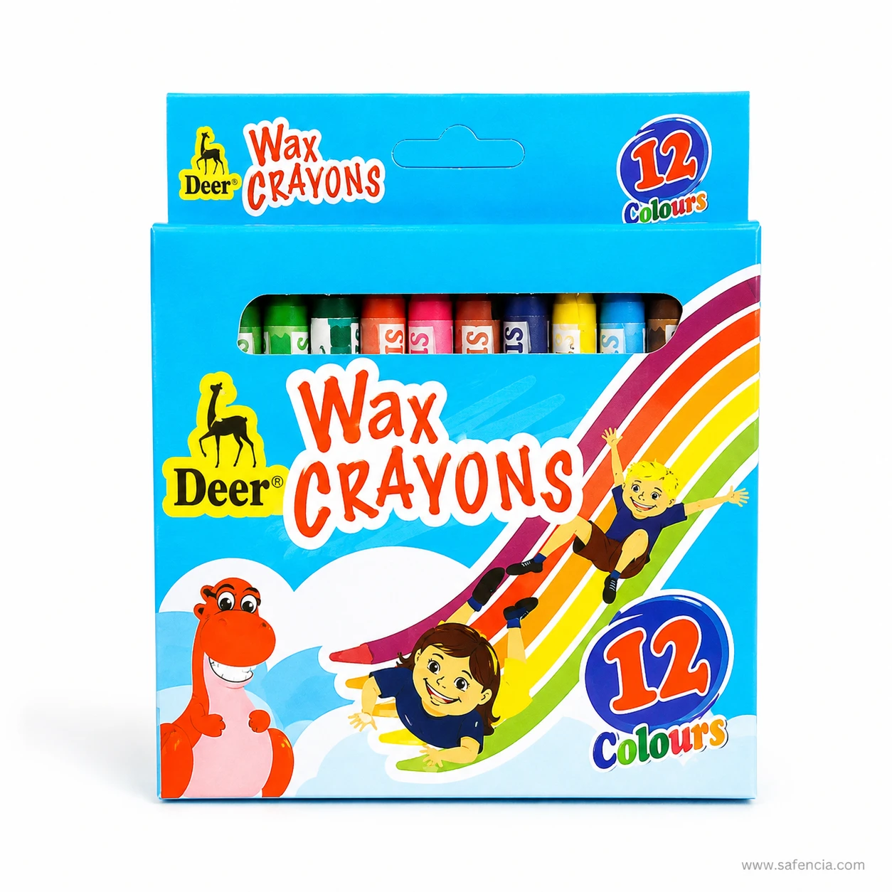 Front of the Deer Wax Crayons box showing the window and the 12 Colours mark