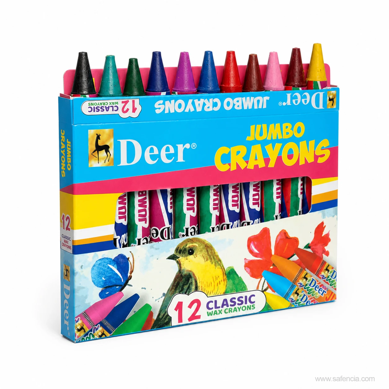 Angled view of the Deer jumbo crayons box showing the window and side panel