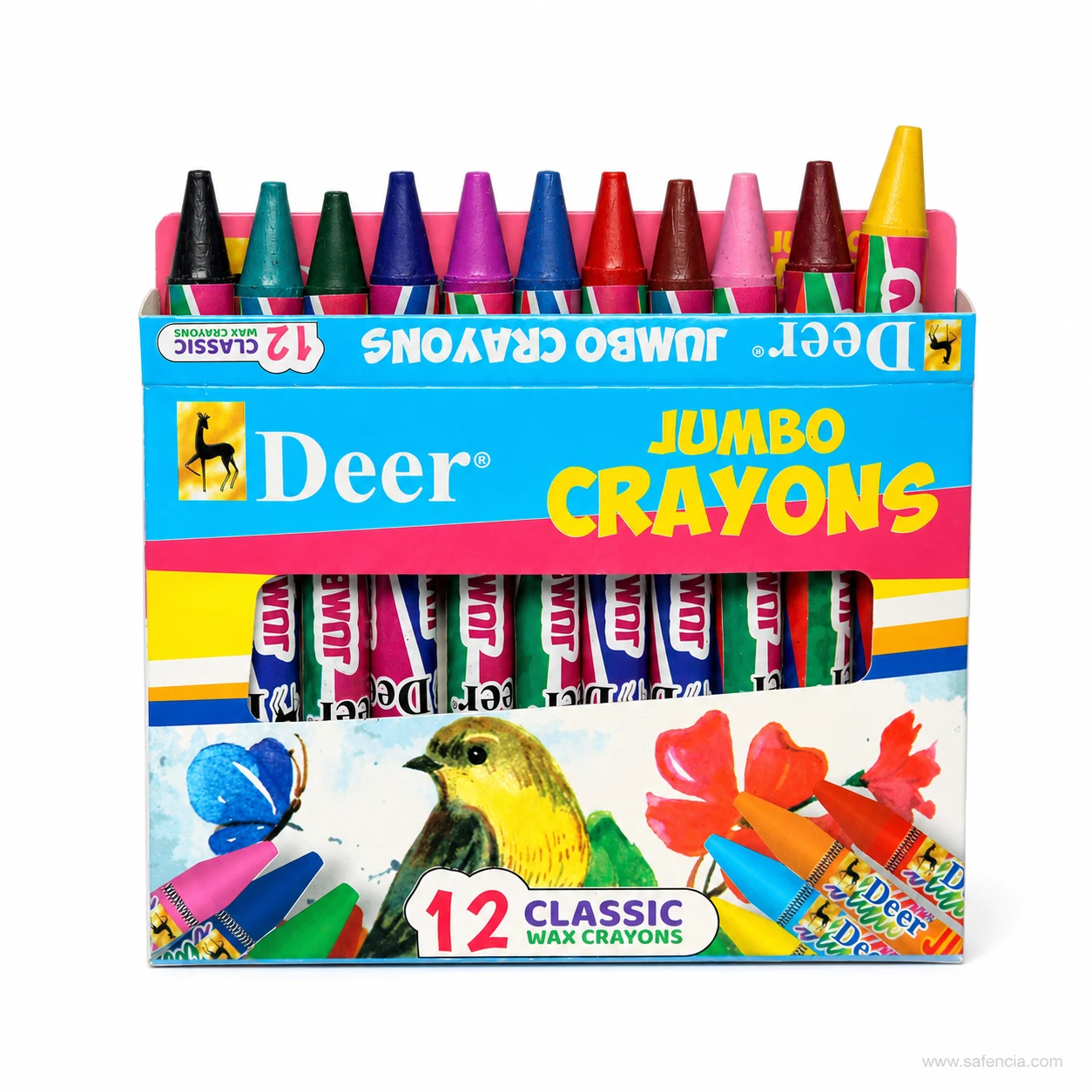 Deer jumbo wax crayons showing the range of colours standing in the box