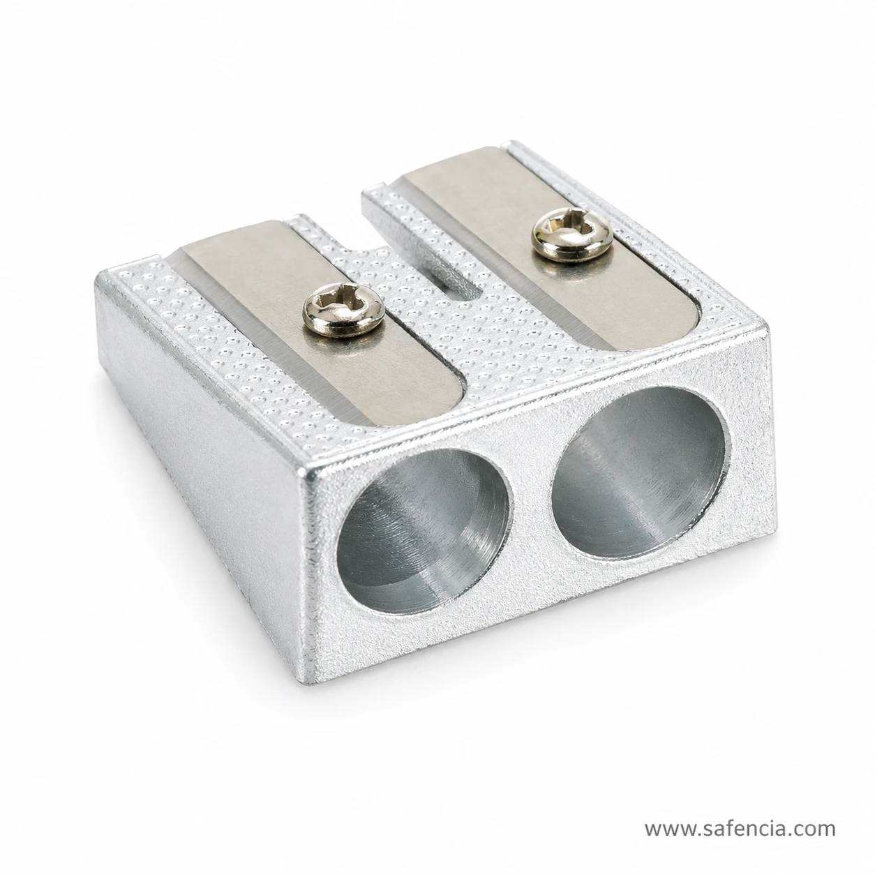39762 silver two-hole sharpener angled view with two metal blades and individual screws