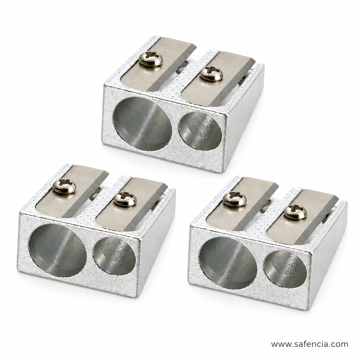 Three silver aluminum 39762 double-hole pencil sharpeners with large and small openings