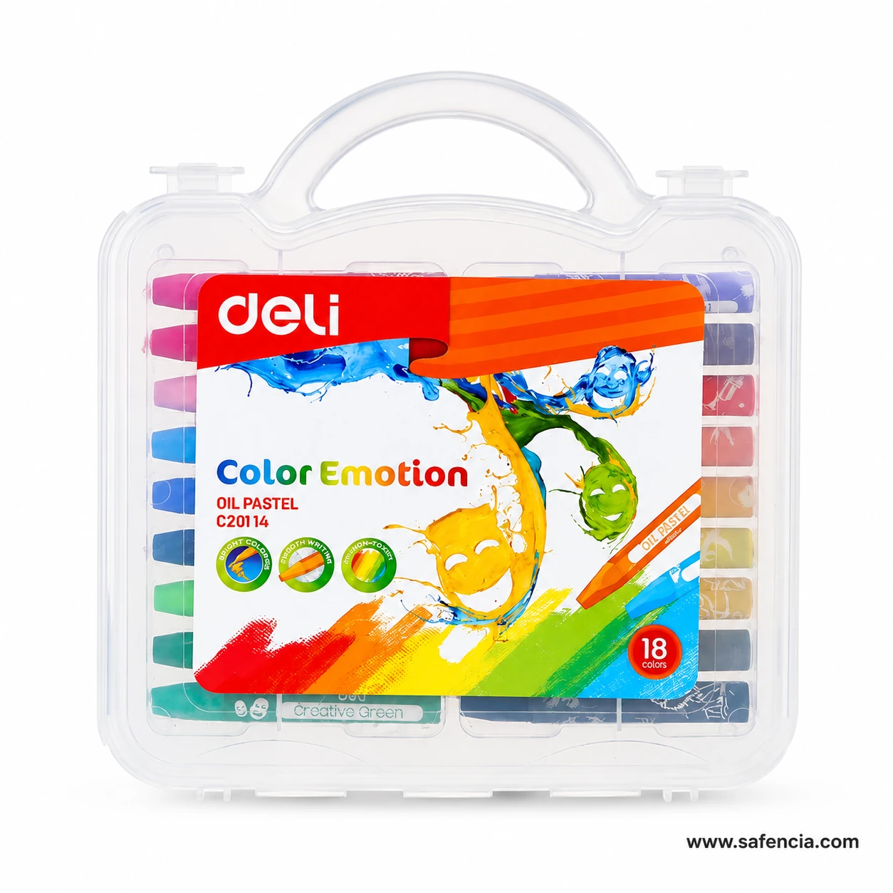 Deli Color Emotion 18-colour oil pastel set C20114 in a clear carry case with handle