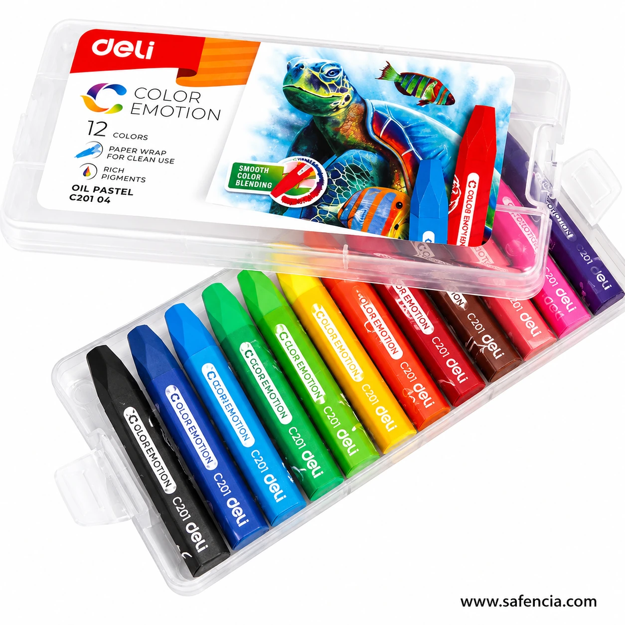 Open Deli Color Emotion 12-colour oil pastel box showing paper-wrapped sticks
