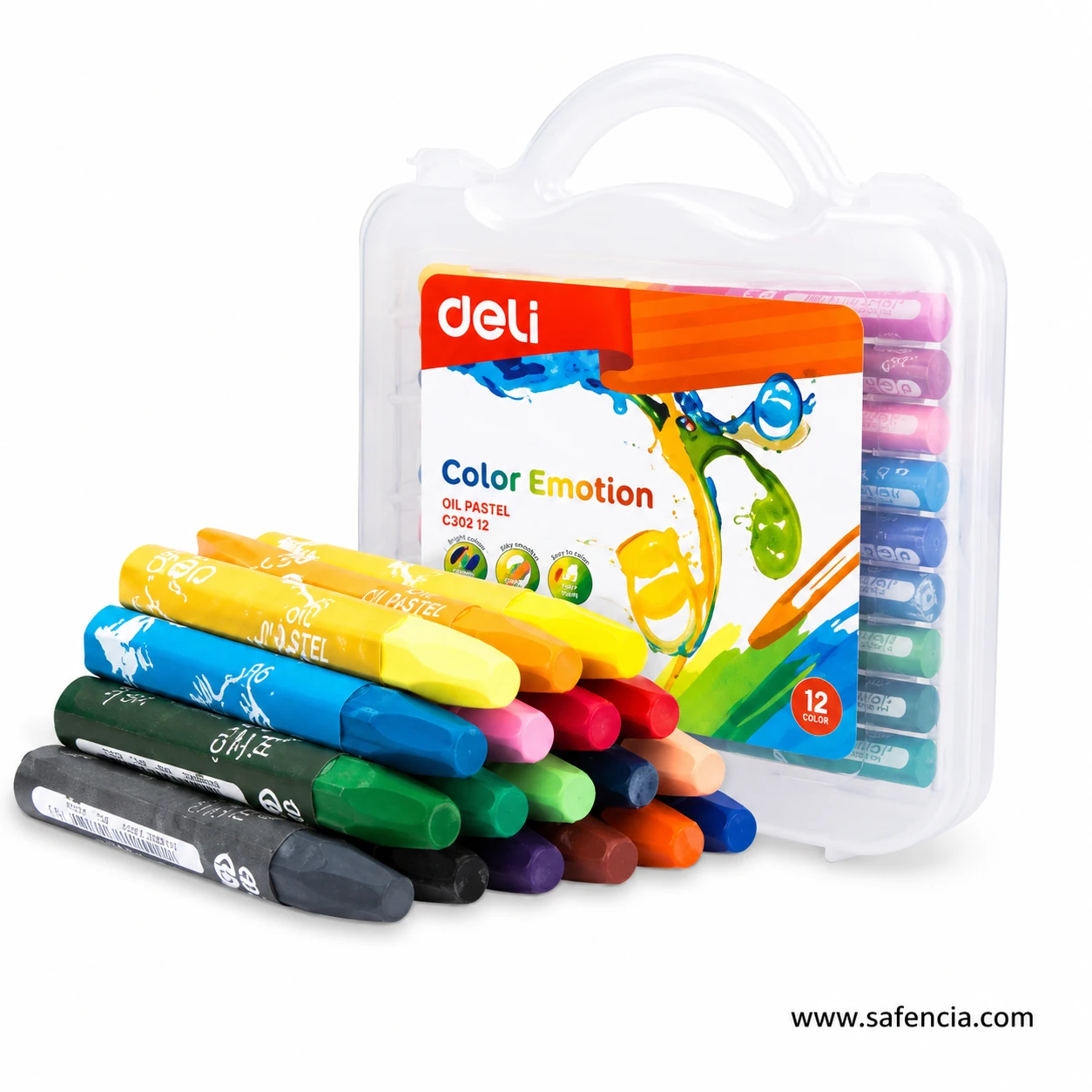 Deli Color Emotion oil pastel sticks laid out beside their clear storage case