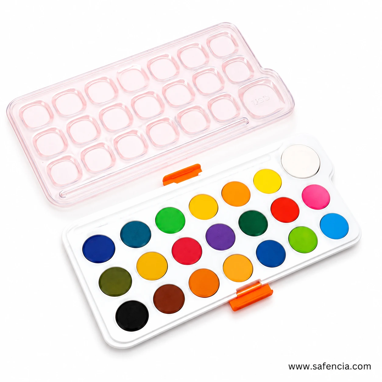 Deli EC10-21 watercolour set open, showing the palette lid and 21 colour pans