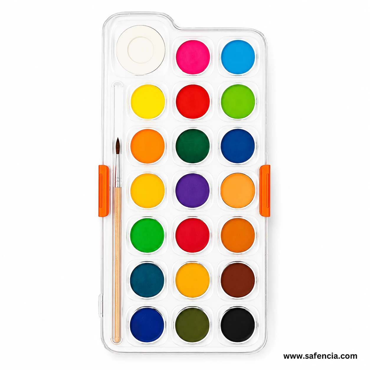 Top view of the Deli EC10-21 21-colour watercolour cake palette with brush