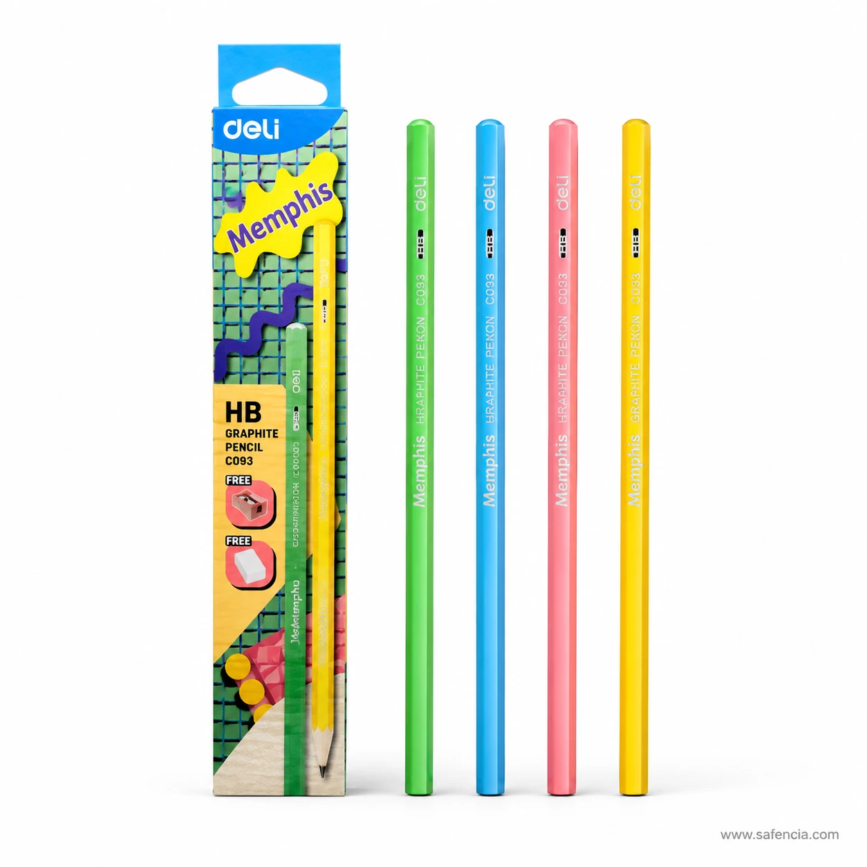 Four round Deli Memphis C093 HB pencils laid out beside the box