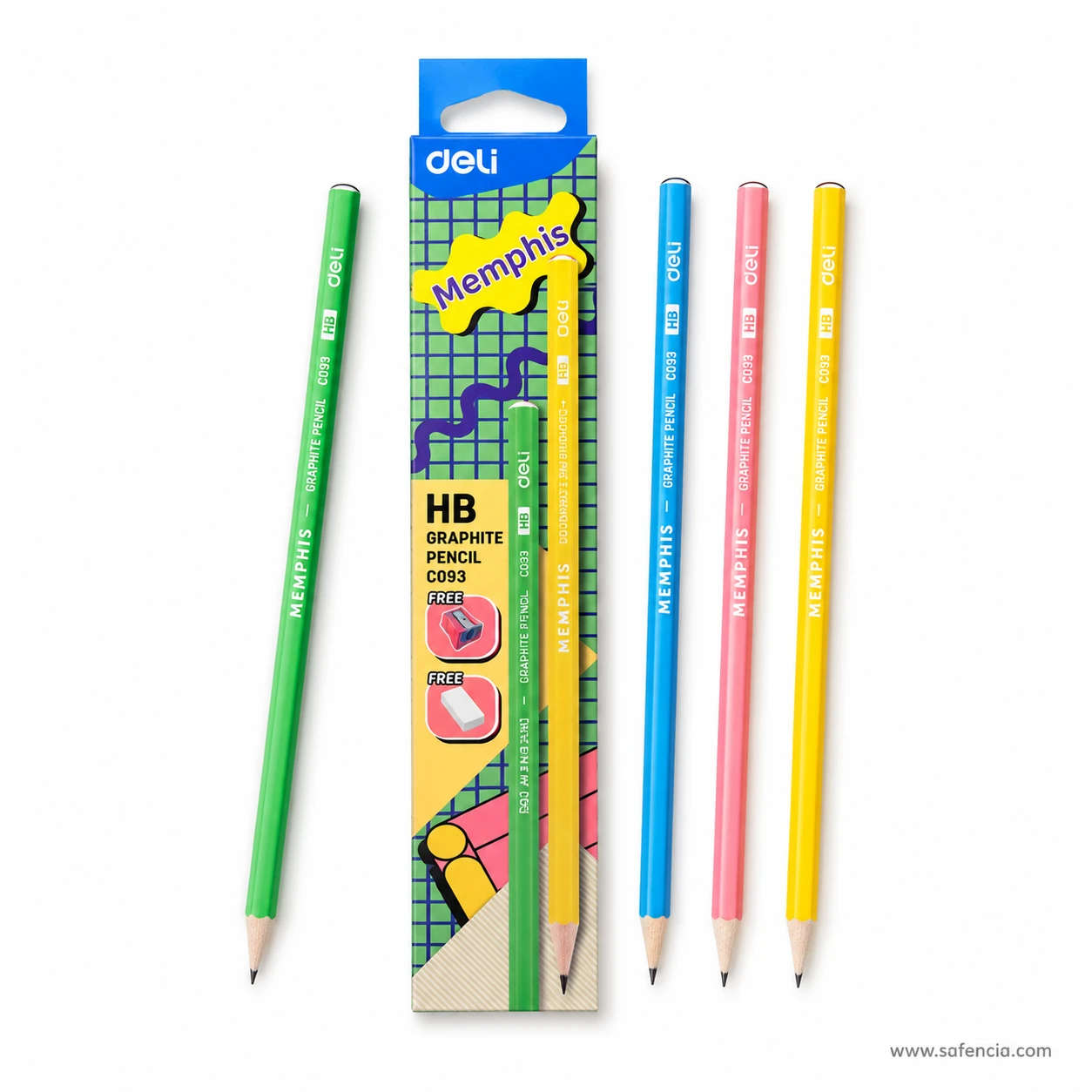 Sharpened green Deli Memphis C093 pencil standing beside the box front