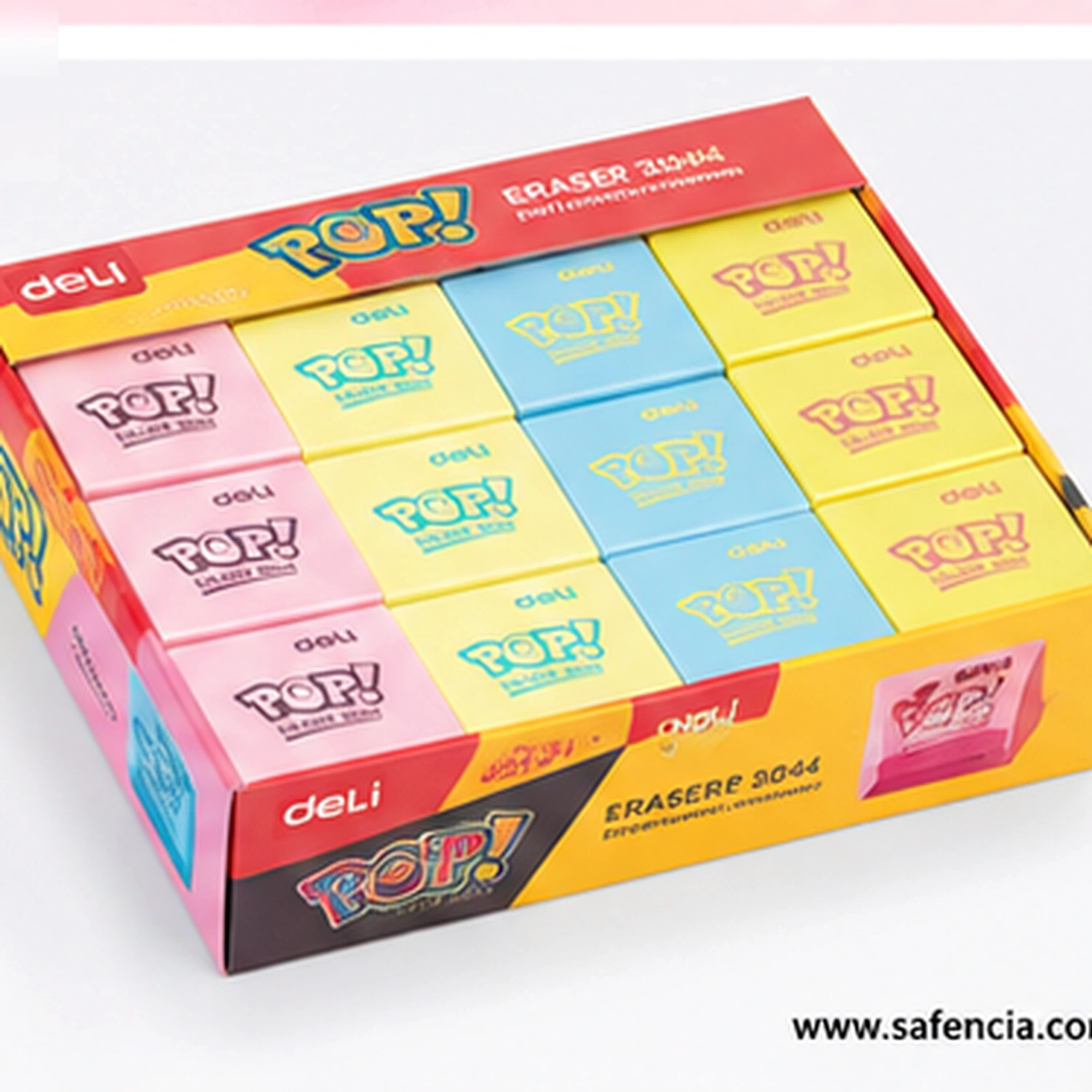Deli retail counter display box holding twelve Pop erasers in pink, yellow, blue and cream rows, with deli POP! ERASER 3044 printed across the lid