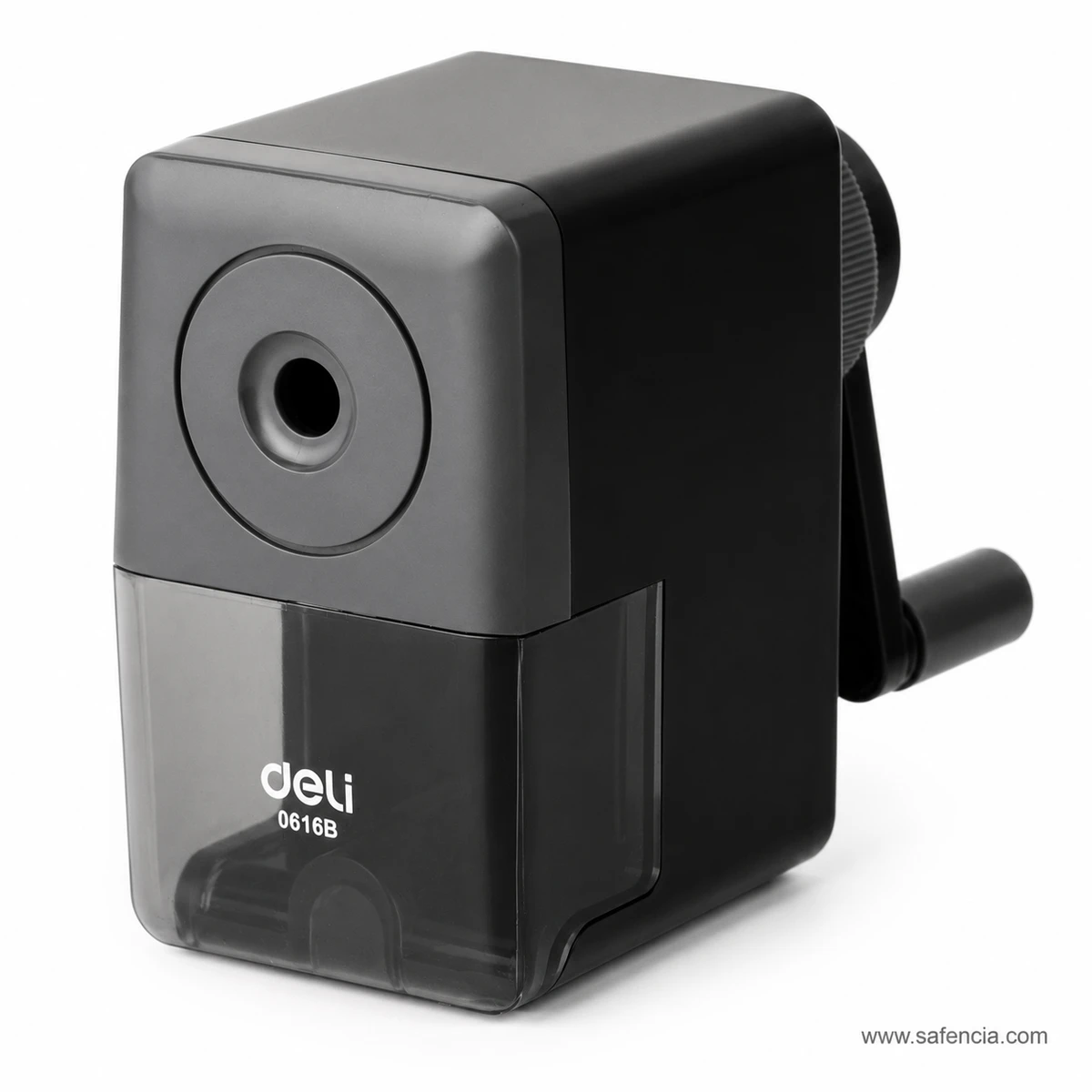 Black Deli 0616B rotary pencil sharpener angled front view with manual crank handle