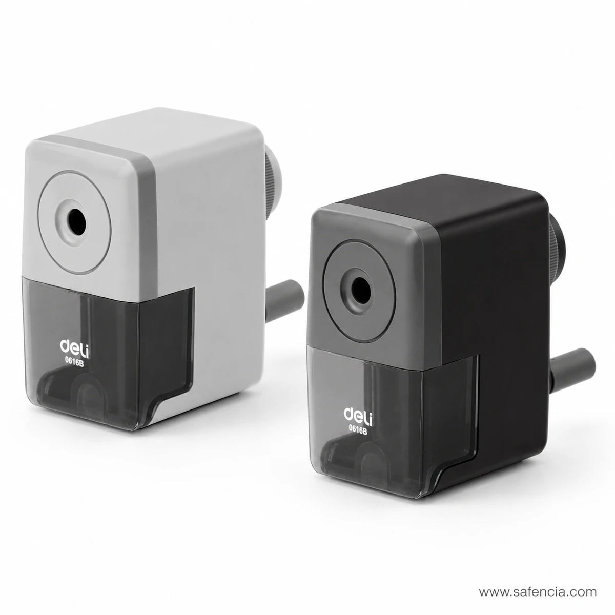 White and black Deli 0616B rotary pencil sharpener colour options displayed together