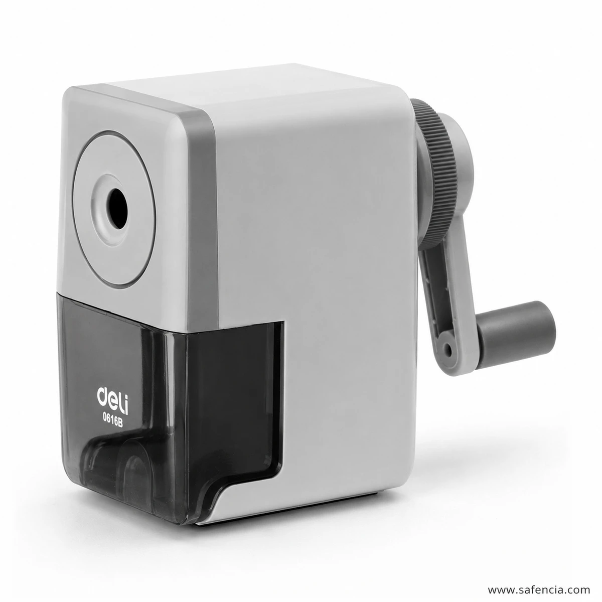White Deli 0616B pencil sharpener close angle showing the grey manual side crank handle