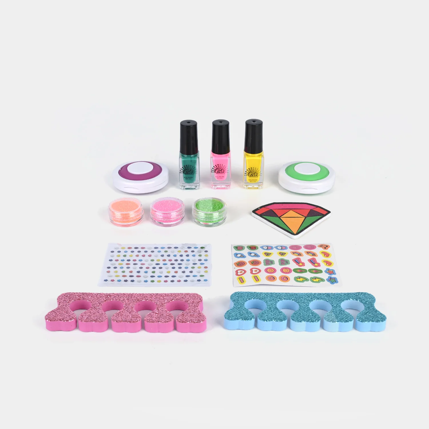 Deluxe DIY Nail Art Set open view - three polishes, glitter pots, gem stickers and toe separators