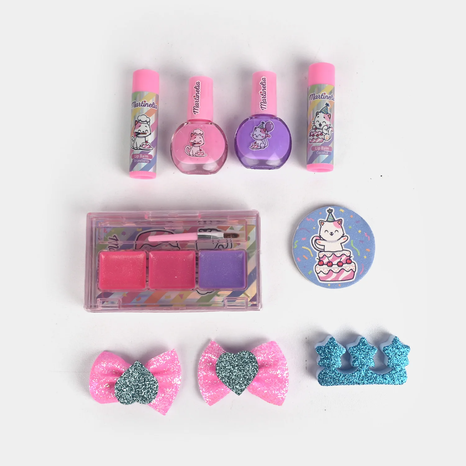 Deluxe Kitty Beauty & Hair Set open view - lip-colour palette, kitty mirror, toe separator and clips