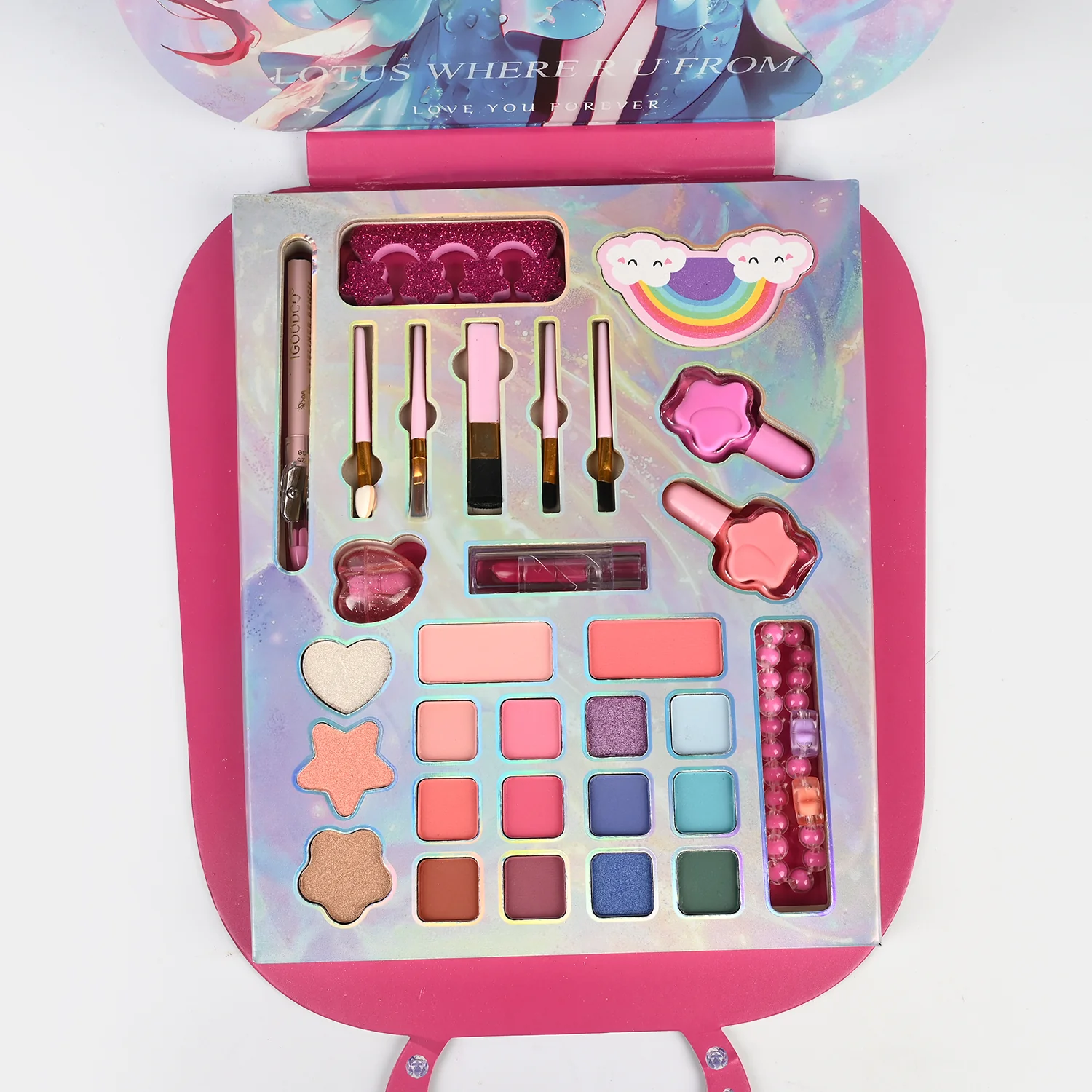 Deluxe Makeup Vanity Case for Girls open view - eyeshadows, blush, lashes and brushes